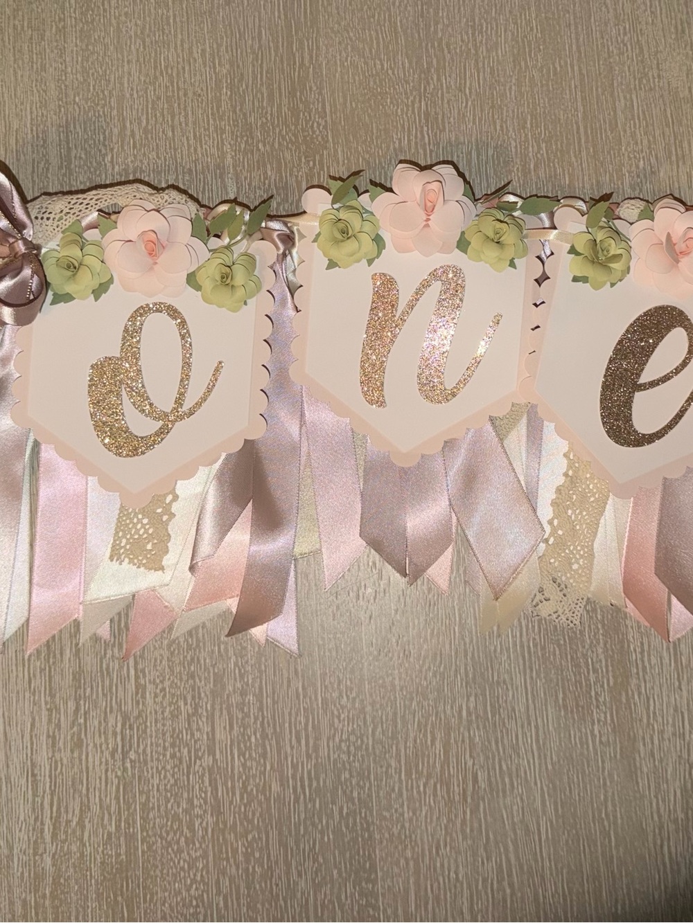 Girls 'One' Highchair Birthday Banner with Floral and Ribbon Accents